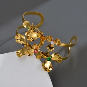 Stainless Steel 18K Gold Plated Cuff Bracelet With Multi-color Gemstones 3D Floral Open Bangle Elegant Fashion Jewelry