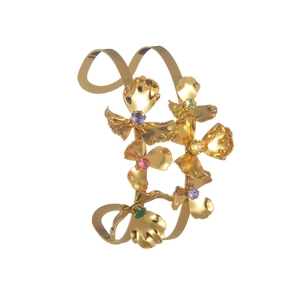 Elegant 18k gold plated stainless steel open cuff bangle with colorful 3D floral motifs