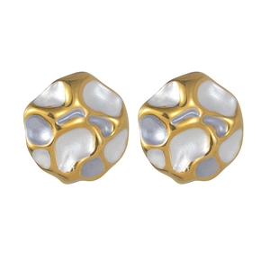 Irregular concave stainless steel stud earrings with gold hollow frame and pearly glaze