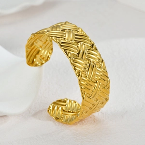 Retro wide woven texture gold open cuff bracelet in stainless steel for women