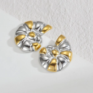 Retro conch shell stud earrings in two-tone gold and silver polished stainless steel
