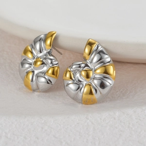 Vintage nautilus shell earrings in gold and silver two-tone polished stainless steel