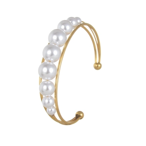 Double-layered gold titanium steel open bangle with gradient white pearls for women