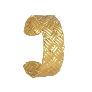 Adjustable gold stainless steel wide cuff bracelet with a vintage woven pattern