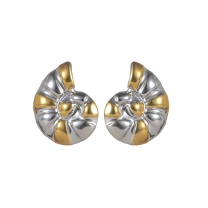 Symmetric gold and silver nautilus spiral stud earrings in stainless steel on white back