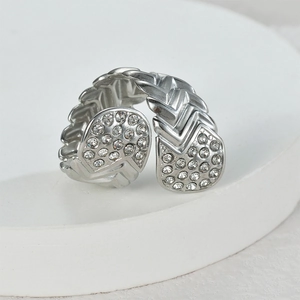 Elegant silver wheat texture open ring with sparkling cubic zirconia accents