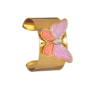 Auffälliger goldener Schmetterlings-Armreif mit rosa Marmorflügeln und Zirkonia