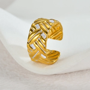 Elegant gold-plated stainless steel open ring with woven texture and white enamel