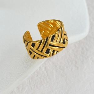 Vintage golden stainless steel open ring with woven texture and retro industrial finish