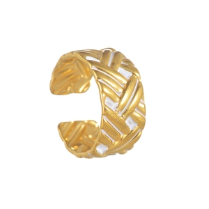 Retro golden braided texture open ring with white enamel accents for women