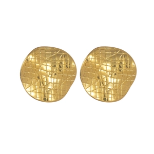 Golden irregular round stud earrings with quilted pattern texture on white background
