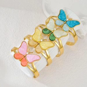 18K gold plated stainless steel butterfly cuff bracelets with marble resin and pearls