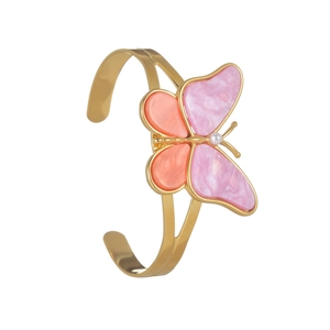 Elegant gold butterfly open bangle with pink marble resin wings and a central pearl accent