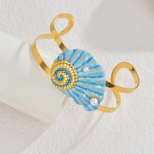 Elegant gold-plated stainless steel open bangle with blue ocean shell and pearl accents