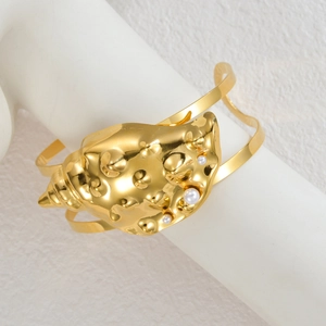 Minimalist gold seashell bangle with pearls, ocean-inspired double-line open bracelet design