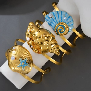 Ocean Theme Open Cuff Bracelet Stainless Steel Gold Plated Shell Starfish Turtle Faux Artificial Pearl Niche Jewelry For Women