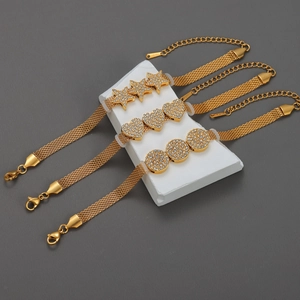Stainless Steel Mesh Band Bracelet Rhinestone Paved Heart Star Round Charms Gold Plated Fashion Jewelry For Women