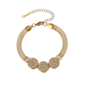 18K gold plated stainless steel mesh bracelet with sparkling rhinestone circular charms
