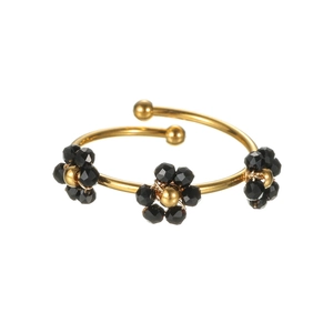 Bague dorée ajustable à la mode avec trois breloques fleurs noires pour femmes