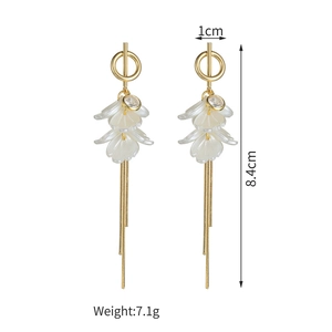 Detailed view of long petal tassel earrings with rhinestones, 8.4cm length dimension
