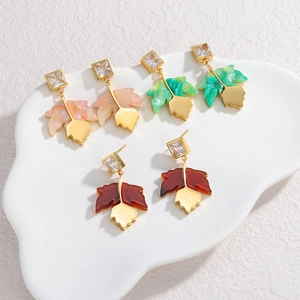 Vintage gold maple leaf earrings set with colorful resin charms and square zircons