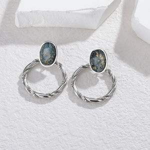 Retro stainless steel hoop earrings with starry marble texture and twisted rope design