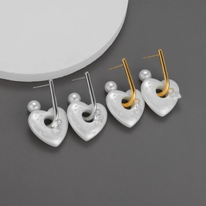 Heart Artificial Pearl Dangle Earrings Stainless Steel Post Textured Heart Pendant With Zircon Korean Style Elegant For Women