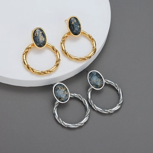 Stainless Steel Starry Sky Hoop Dangle Earrings For Women Vintage Twisted Wire Marble Texture Foil Inlay Retro Jewelry