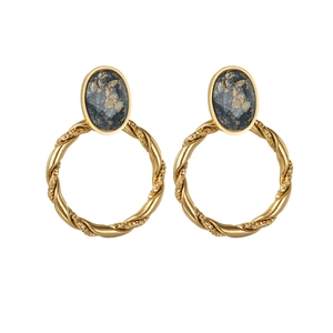 Retro twisted gold hoop earrings with black onyx style glitter inlay for women