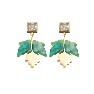 18K gold plated stainless steel leaf tassel earrings with green marble resin and zircon