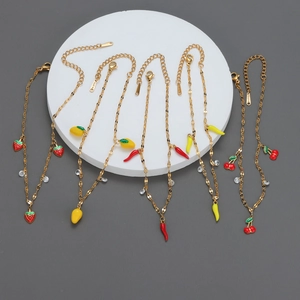 Cavigliera In Acciaio Inossidabile Frutta Per Donna Smalto Colorato Fragola Ciliegia Mango Peperoncino Ciondolo Con Zircone Regolabile
