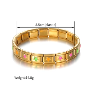 Detail of gold elastic Italian charm bracelet with colorful star patterns and 5.5cm diameter