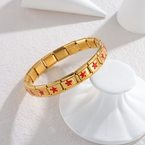 Italian charm bracelet in 18K gold plated stainless steel with red star modular links