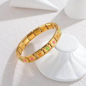 Italian style modular gold stainless steel charm bracelet with colorful star patterns