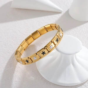 18K gold plated stainless steel Italian charm bracelet featuring star pattern modular links