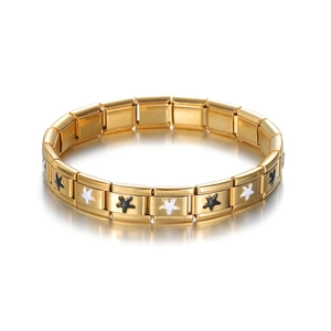 Polished 18K gold stainless steel modular charm bracelet with star patterns on white background