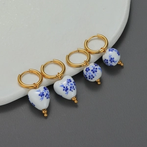 Chinese Style Blue And White Porcelain Ceramic Heart Round Drop Hoop Earrings Stainless Steel Jewelry For Women