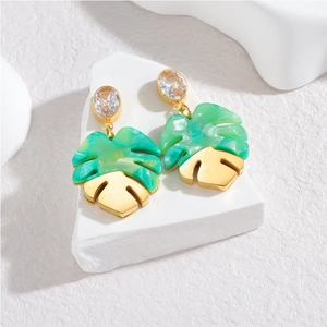 French retro gold monstera leaf drop earrings with green marble resin and crystals