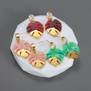 Monstera Leaf Drop Earrings Stainless Steel Resin Marble Texture Tropical Summer Fashion Jewelry For Women