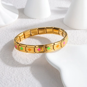 Bracelet à maillons en acier inoxydable 18K avec motifs de losanges en émail coloré