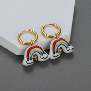 Boucles D Oreilles Créoles Nuage Arc En Ciel Acier Inoxydable Plaqué Or Émail Bijoux Mignons Pour Femmes Filles Style Peint À La Main