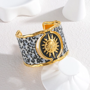 Vintage gold sunflower wide cuff bracelet with leopard pattern in retro bohemian style