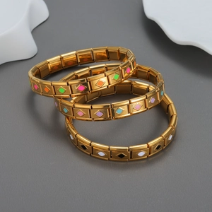 Bracelet À Breloques Italien Acier Inoxydable Plaqué Or Émail Losange Modulaire Élastique Bijoux Vintage Femmes