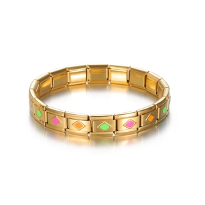 Bracelet charm italien rétro plaqué or 18K en acier inoxydable avec motifs de losanges colorés