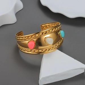 Bracelet Manchette Large Acier Inoxydable Plaqué Or 18K Rétro Bohème Serti De Trois Pierres Colorées Bijoux Femmes