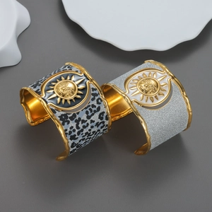 Vintage Wide Cuff Bracelet Stainless Steel 18K Gold Plated Sun Moon Face Exaggerated Bohemian Open Bangle For Women