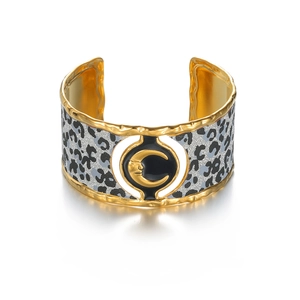 Golden leopard print crescent cuff bracelet with vintage moon emblem for women