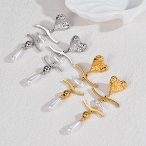 French vintage heart pearl tassel earrings in gold and silver finish with lava texture