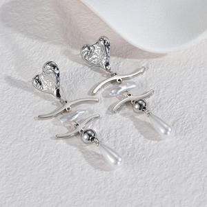 Elegant heart-shaped pearl tassel earrings in polished silver stainless steel for women