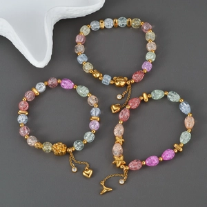 Colorful Beaded Bracelet Stainless Steel Crackle Glass Beads Ocean Starfish Bear Rose Charm Sweet Vacation Jewelry Women